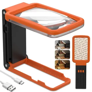 Coteck 10-Fache Lupe mit Licht und Ständer, Echtglaslinse Leselupe, Wiederaufladbare, Faltbare Große Handlupe, 3 Farbmodi Dimmbare, Beleuchtete Seitenlupe für Senioren, Juwelier - Orange Schwarz