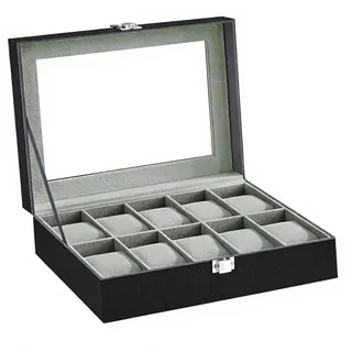 SONGMICS Uhrenbox mit 10 Fächern, Schwarz, Grau, 25,5 x 8,0 x 20,3 cm
