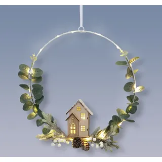 Spetebo LED Metall Ring mit Häuschen aus Holz zum Aufhängen - 20 LED / 30 cm - Weihnachten Winter Deko Aufhänger beleuchtet Batterie betrieben