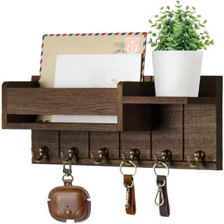 Geoyien Schlüsselbrett, Schlüsselbrett Holz, Schlüsselbrett mit Ablage, Kindergarderobe mit Ablage, Schlüsselboard mit 6 Schlüsselhaken, für Eingang, Wohnzimmer, Flur, Schlafzimmer (Braun)