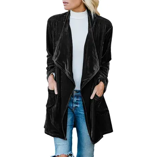 cffvdiz Schwarz,XXL, Damen Long Blazer Langarm Samt Jacke Offene Front Cardigan Mantel Mit Tasche - XXL