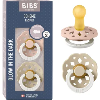 Bibs Boheme Glow Schnuller 2er-Pack. BPA-frei. Leuchtet im Dunkeln., Kirschform Nippel. Naturkautschuk/Latex, Hergestellt in Dänemark. 6-18 Monate (2er Pack), Blush Glow/Vanilla Glow