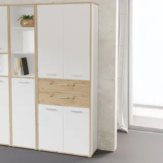 Forte KEFLAVIK Büroschrank 80 90, moderner Büroschrank mit 4 Türen 2 Schubladen, Weiß|Artisan Eiche Holzdekor, 84,5 cm breit x 226,5 cm hoch x 41,5 cm tief