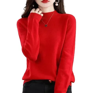 ADovz 100 % Kaschmir, langärmelig, Rundhalsausschnitt, weich, warm, Strickpullover, Kaschmirpullover für Damen, rot, L - L