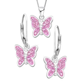 Limana Schmuckset Mädchen Kinder echt 925 Sterling Silber Ohrringe Kette Schmetterling, mit Zirkonia Steine rosa