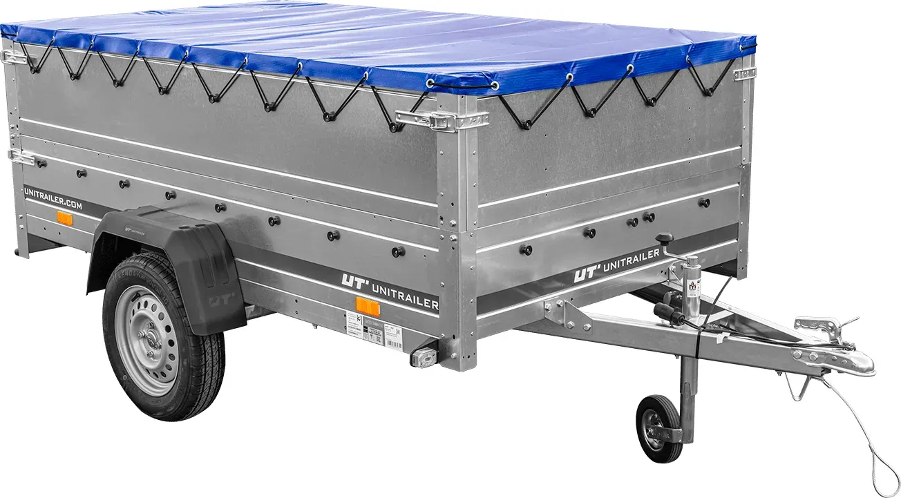 Unitrailer GARDEN TRAILER 230 FD Pkw-Anhänger mit Stützrad, zusätzlichen Bordwänden und blauer Plane