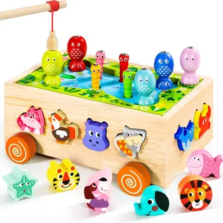 Seagoal Montessori Spielzeug ab 1 2 3 Jahr, Magnetisches Angelspiel Holzspielzeug, 6 in 1 Motorikspielzeug Lernspielzeug, Sortier- & Stapelspielzeug 2 3 4 Jahre Mädchen Junge Kleinkind Geschenk