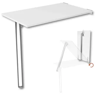 KDR Wandklapptisch 80x50 cm Weiß – Klapptisch mit Tischbein in Chrom zur Wandmontage – als Esstisch, Schreibtisch oder Küchentisch – Höhe 74 cm