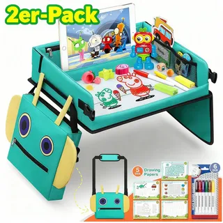 POPOLIC Spieltisch 2 In 1 Kinder Reisetisch 5 Pädagogische Zeichenpapiere, 6 Farbstifte, (Roboter-Rucksack Abnehmbarer Multifunktionaler, Auto Kinder Knietablett Reisetisch Reise Outdoor Indoor, 2-tlg) grün