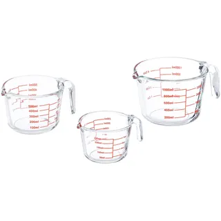 Relaxdays Messbecher Set, 3-teilig, Glasmessbecher 250 ml, 500 ml, 1l, hitzebeständig, mikrowellengeeignet, transparent