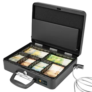 Jinou Lock 6 Banknotenfächern abschließbar Geldkassette Münzzählbrett aus legiertem Stahl mit 2 Tragegriffe und 1,8 m Zahlenschloss Diebstahlsicherungskabel