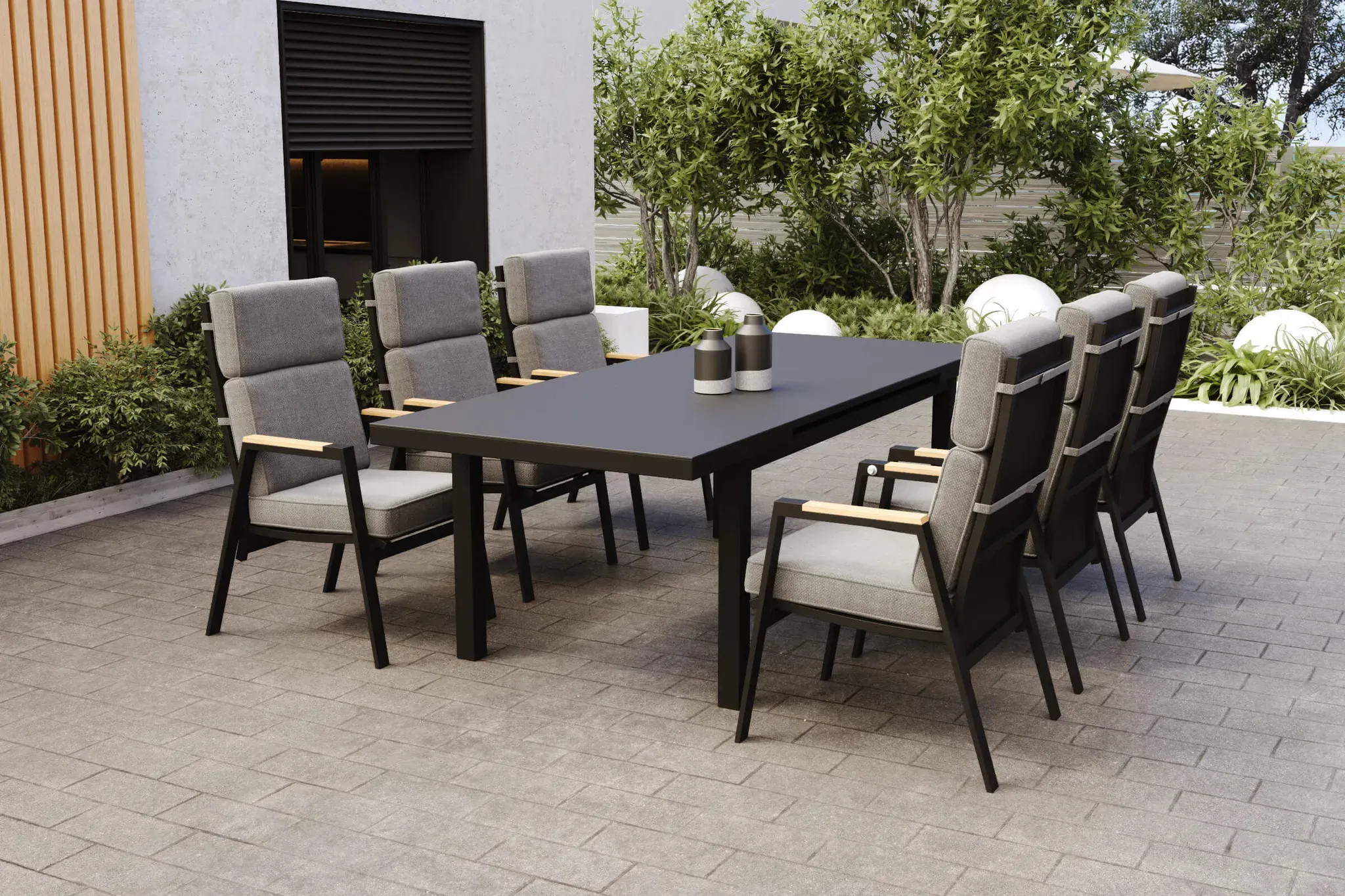 OUTFLEXX Korba Garten-Essgruppe mit 6 Sesseln, anthrazit matt, Alu/Teak, ausziehbarer Tisch 180/240 x 100 cm, inkl. Polster
