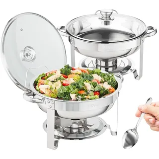 Vevor 2 Stk. Chafing Dish Profi Set Wärmebehälter Edelstahl + Glas Buffet Set Rund 2 x 3,5 L, 33,5 x 33,5 x 7 cm Jeder Behälter, Speisewärmer für Buffets, Familienfeiern, Bankette, Hochzeiten usw.