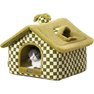 Galatée Katzenhaus, Weiches Plüsch-Katzenhöhlenbett, Kamin-Katzenhäuser Für Hauskatzen, Süßes Cartoon-Katzenhaus Im Kaminstil, Gemütliches Und Warmes Haustierzelt(Grün)
