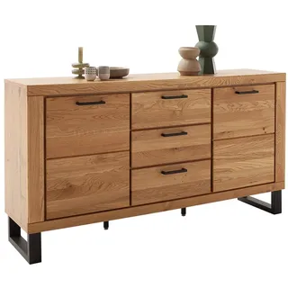 Lomadox Sideboard KUMASI-06, 159 cm breit, Eiche massiv geölt, Metallfüße und -griffe braun