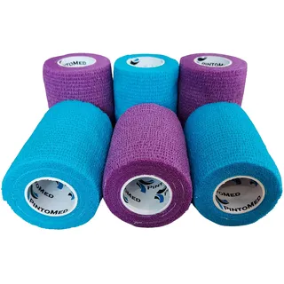 PintoMed Selbstklebender Verband, Gedehnt - 3x Lila + 3 x Hellblau - 7,5cm x 4,5m - Bandagen Rollen Haftbandage Verband Fixierbinde Health Pflaster Sport Tape Stück für Handgelenk, Bein, Arm, vet wrap