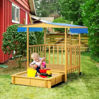Outsunny Holzsandkasten mit Spielhaus und Dach beige