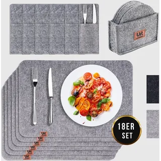 Rutschfeste Platzset abwaschbar aus Filz 18er Set,6 Tischuntersetzer Platzset(44x32 cm)6 Glasuntersetzer, 6 Bestecksäcken,Tisch Untersetzer-Set - Hellgrau