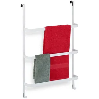 Relaxdays Tür-Handtuchhalter, weiß Metall, 54.5x85x15 cm, 3 Stangen, 2 Haken, Duschtuchhalter, Stahl,
