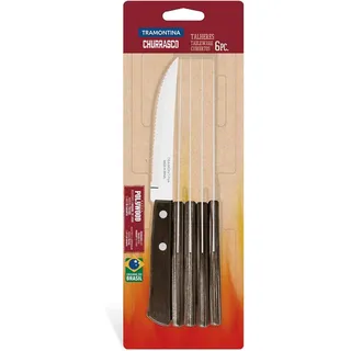 Tramontina Steakmesser Pizzamesser, Set 6-teilig, mit 6 Steakmessern aus Edelstahl, Echtholzgriff braun