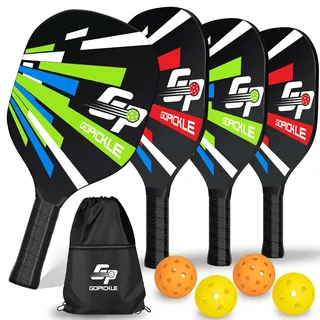 GoPickle Pickleball Schläger, Pickleball Paddles Set mit 4 Premium-Holzpaddeln, 4 Picklebälle, wasserdichte Tragetasche, Indoor & Outdoor Pickleball Paddelschläger Tragbar für Anfänger Erwachsene