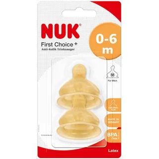 NUK First Choice+ Latex-Trinksauger | für ein natürliches Trinkgefühl | kiefergerechte Form | Größe 1 | 0-6 Monate | M für Milch | 2 Stück