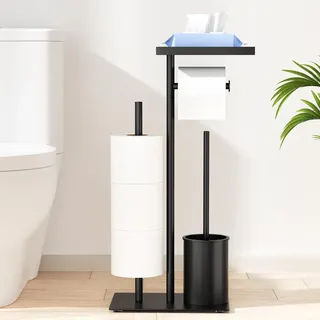 Edelstahl Klopapierhalter Stehend mit Klobürste - Toilettenpapierhalter mit Tablett, Toilettenpapierhalter mit WC Bürste, WC Garnitur mit Toilettenpapierhalter Stehend und Toilettenbürste