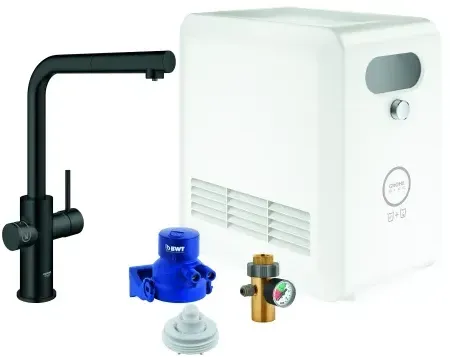 L-Auslauf Set Blue Professional 31326_2, mit Blue Einhand-Spültischbatterie mit Filterfunktion, Einlochmontage, Kühler/Karbonisator, Bluetooth 4.0, WIFI Datenkommunikation, herausziehbarer Mousseurauslauf