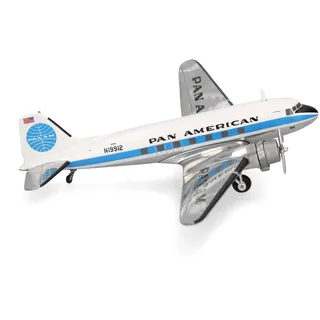 HERPA Modellflugzeug Pan American World Airways Douglas DC-3, Miniatur im Maßstab 1:200, Sammlerstück, Modell mit Standfuß, Metall, Weiß, Blau
