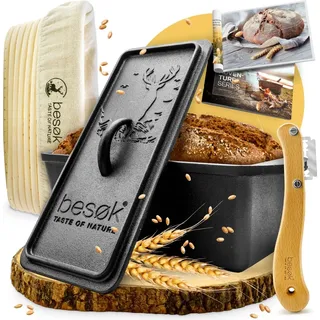 besok Brotbackform mit Deckel, Gärkorb & Teigmesser - Gusseisen Backform Brot backen Zubehör | Kastenform Brot, Toastbrot Backform, Kasten Brotform,
