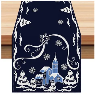 LAPAPRO Tischläufer Weihnachtlicher Leinen Tischläufer mit Druck Festliche Tischdekoration blau