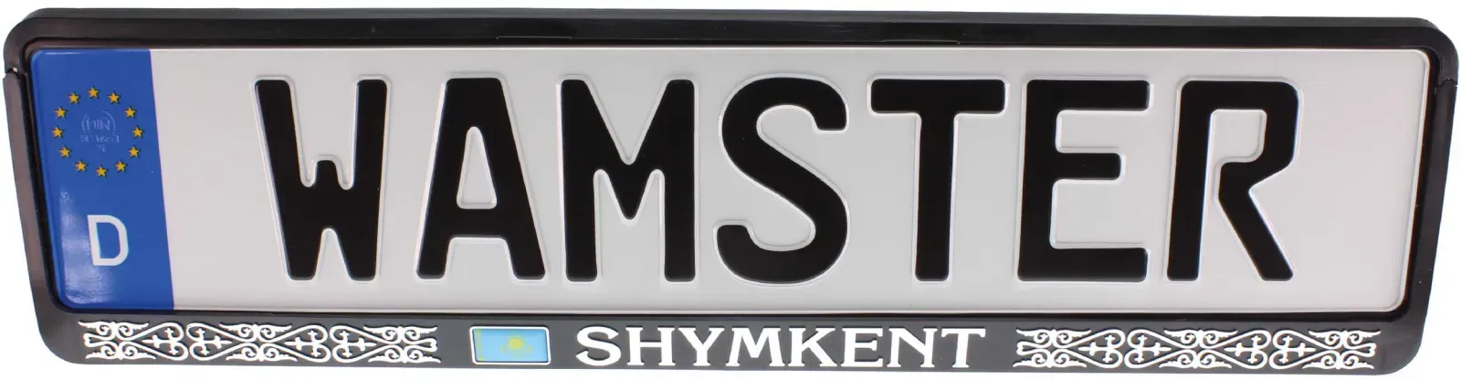 EU KFZ Kennzeichenhalter SHYMKENT Chrom Schriftzug Symbol Flagge 520x110mm