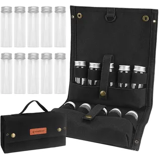 KOCAN Gewürzdosen, Tragbarer Gewürzbeutel mit 10 Gewürzgläsern,Leinen-Gewürz-Aufbewahrungstasche,Organizer,Gewürzflaschenhalter mit Gewürzflaschen-Set für Outdoor,Camping,Grillen,Picknick