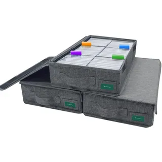 T WaveTree Kassetten-Aufbewahrungsbox, 3 Stück, robuster Kassettenhalter, 41 x 24 x 8 cm, Kassettenregal mit Deckel und Index-Etiketten zur Aufbewahrung von 144 Kassettenhüllen, Grau