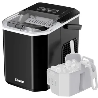 silonn Eiswürfelmaschine mit Griff-Eiswürfelkorb – Tragbar & Selbstreinigend, Mini Ice Maker 9 Eiswürfel/6 Min. 12 KG/Tag, Eiswürfel einfach entnehmen und überall nutzen