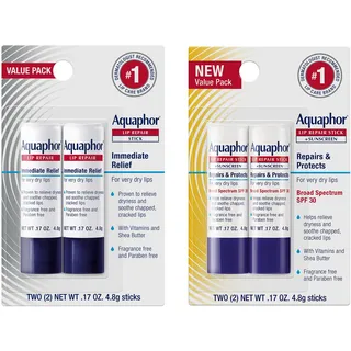 Aquaphor Lip Repair, Moisturizing Lip Balm Multipack (2 Repair sticks + 2 Repair & Protect SPF 30 sticks)