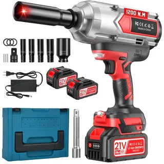 Akku Schlagschrauber 1300Nm,1/2 Zoll, 21V Bürstenloser Schlagschrauber mit 2x4000mAh Akkus,LED Licht, Schnellladegerät, 5 Schlagnüsse, Aufbewahrungsbox,für Radmuttern von Auto, Wohnmobil, LKW