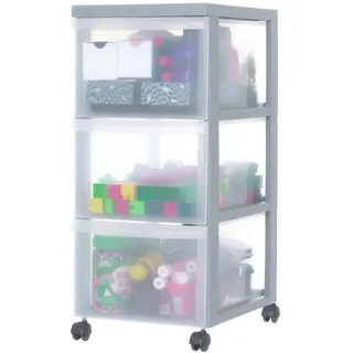 Iris Ohyama Kunststoff-Schubladenbox mit Rollen, 3 tiefen Schubladen, Grau, Griffe zum Ziehen, Für Schlafzimmer, Bad, Schule & Büro, BPA-frei, Schubladenschrank, Rollcontainer, A4 Drawer, DC-303