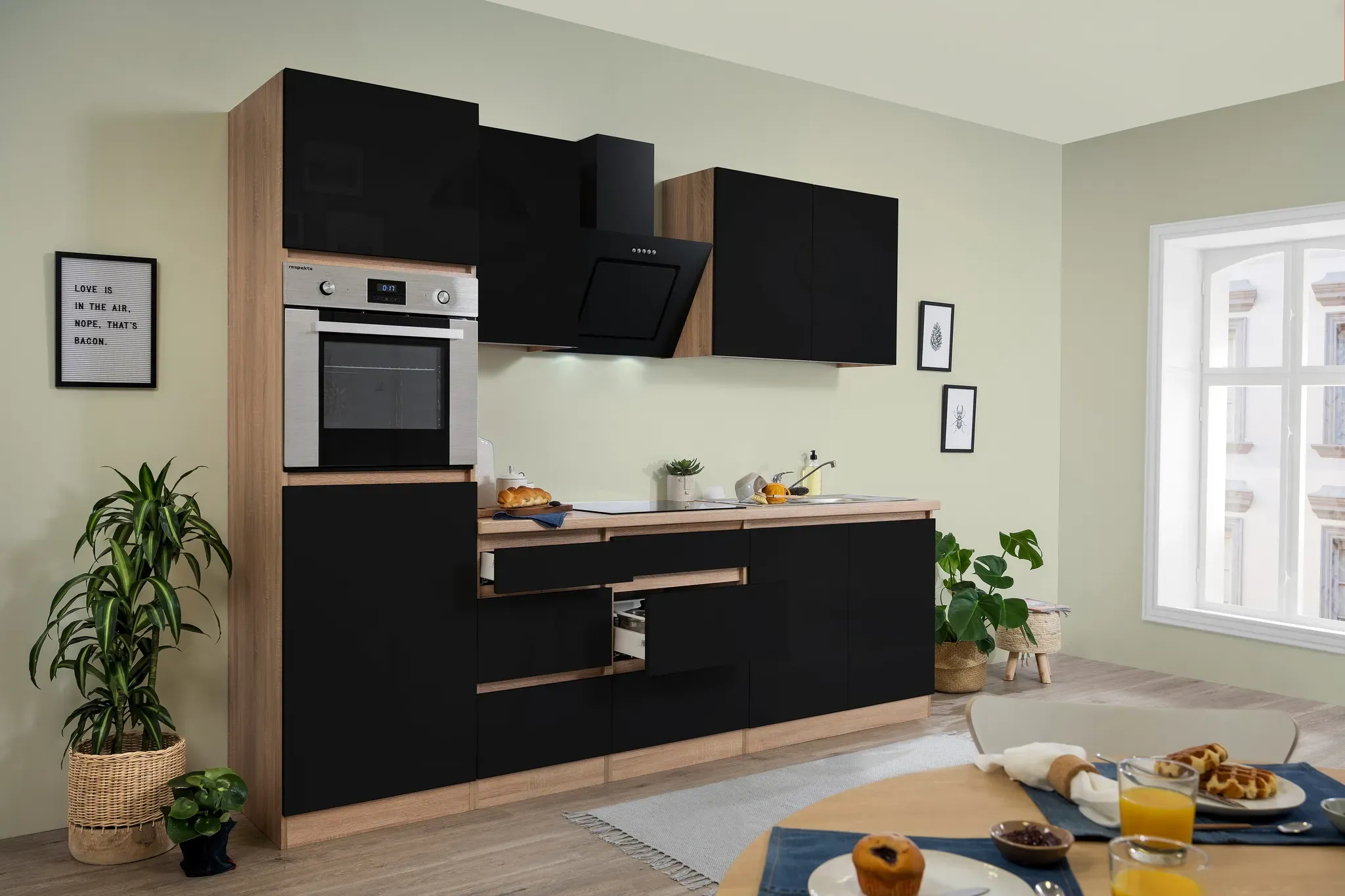 Küche Küchenzeile Küchenblock grifflos Eiche Schwarz Lorena 270 cm Respekta