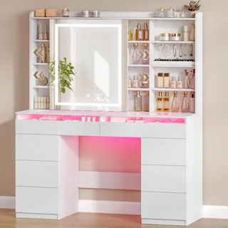 Hzuaneri Große Schminktisch, Schminktisch mit Verstellbaren RGB-Beleuchtung und Glasplatte, Schminktische mit Große Spiegel, 8 Schubladen und 9 Offenen Fächern, Schlafzimmer, Weiß, 1180203XEU