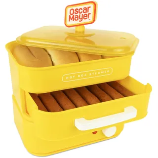 Nostalgia Oscar Mayer Hot Dog Dampfgarer und Brötchenwärmer, 8 Hot Dog und 4 Brötchen, Dampfbrötchen, Würstchen, Gemüse, Fisch, Knödel, Gelb