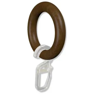 Interdeco Gardinenstangen Ringe mit Faltenhaken/Gardinenringe in Nussbaum Holz für 16 mm Ø (10 Stück)