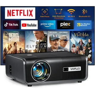 Smart Beamer 4K【Netflix Official & Dolby Audio】 28000L Auto Fokus/6D Trapezkorrektur Beamer Full HD 1080P, VOPLLS WiFi6 Bluetooth Unterstützt 4K Video Beamer Heimkino/Outdoor für PS5/ Handy Projektor