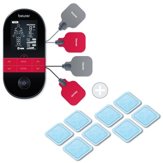 Beurer EM 59 Heat digitales TENS/EMS Gerät, 4-in-1 Reizstromgerät mit 4 Elektroden und Akku zur Schmerztherapie,Muskelstimulation,Massage und Wärmetherapie, inkl. Nachkaufset bestehend aus 8 Gel-Pads