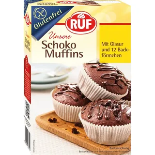 RUF Glutenfreie Muffins Schoko mit Kakaoglasur, Backmischung für schokoladige American Style Muffins, Zöliakie geeignet, inkl. 12 Muffinförmchen