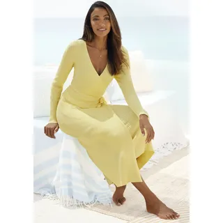Strickkleid LASCANA, Damen, Gr. 44/46, N-Gr, gelb, Obermaterial: 80% Viskose, 20% Nylon, unifarben, modisch, sehr bequem knöchelfrei, V-Ausschnitt, Langarm, Kleider, Loungekleid zum wickeln mit Taillengürtel, Loungewear