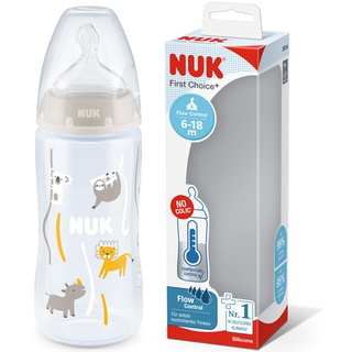 NUK First Choice+ Babyflasche | 6–18 Monate | Temperature Control | Flow Control | Anti-Colic-Ventil | 300 ml | BPA-frei | Trinksauger aus Silikon | Safari (neutral)