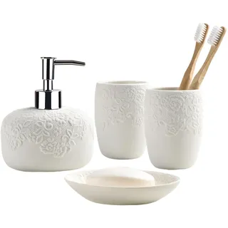 Enigmaire Zahnputzbecher Set,Badausstattung Sets,4-Teiliges Seifenspender Set,Badezimmer Set Keramik,Badezimmer Set Aus Keramik,Bad Accessoires Set,Mit Zahnputzbecher,Seifenspender,Seifenschale