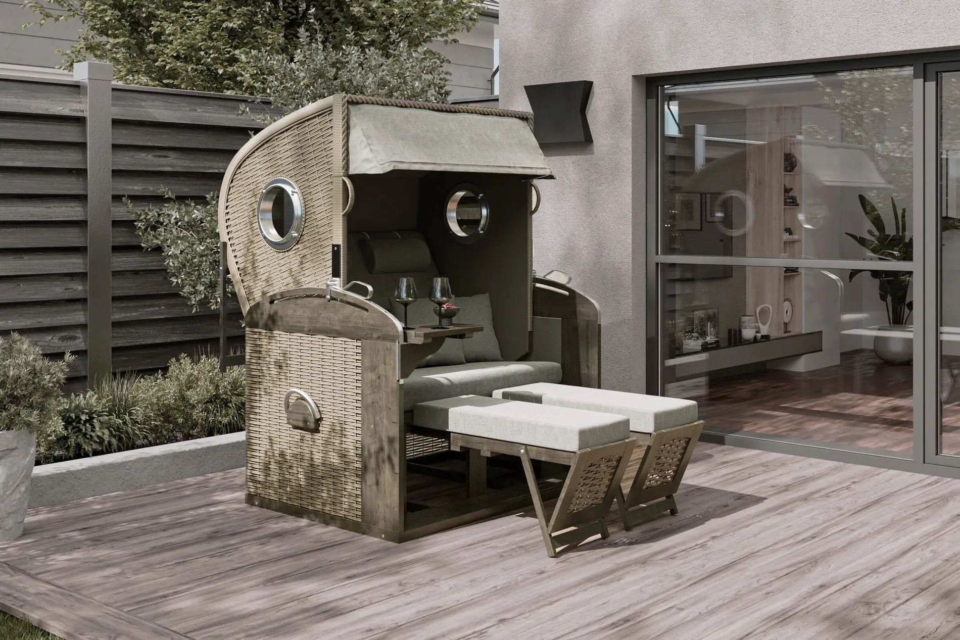 SUNNY SMART Rustikal 305 Z Comfort XL Strandkorb, stone-grey, Geflecht/Pinienholz, inkl. Rückholfedern