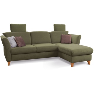 CAVADORE Schlafsofa Trend / Skandinavisches Ecksofa mit Federkern, Bettfunktion, Bettkasten im Longchair und 2 Kopfstützen / 249 x 86 x 162 / Cord, Olive